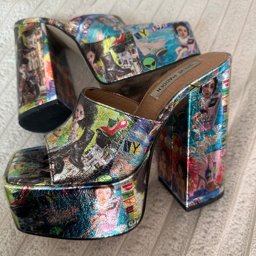 Steve Madden Trixie Multi Leather Block Leather Squared Open Toe Heeled Sandals